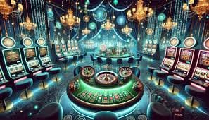 Ilustrasi meja casino live dengan dealer profesional berinteraksi dengan pemain secara online